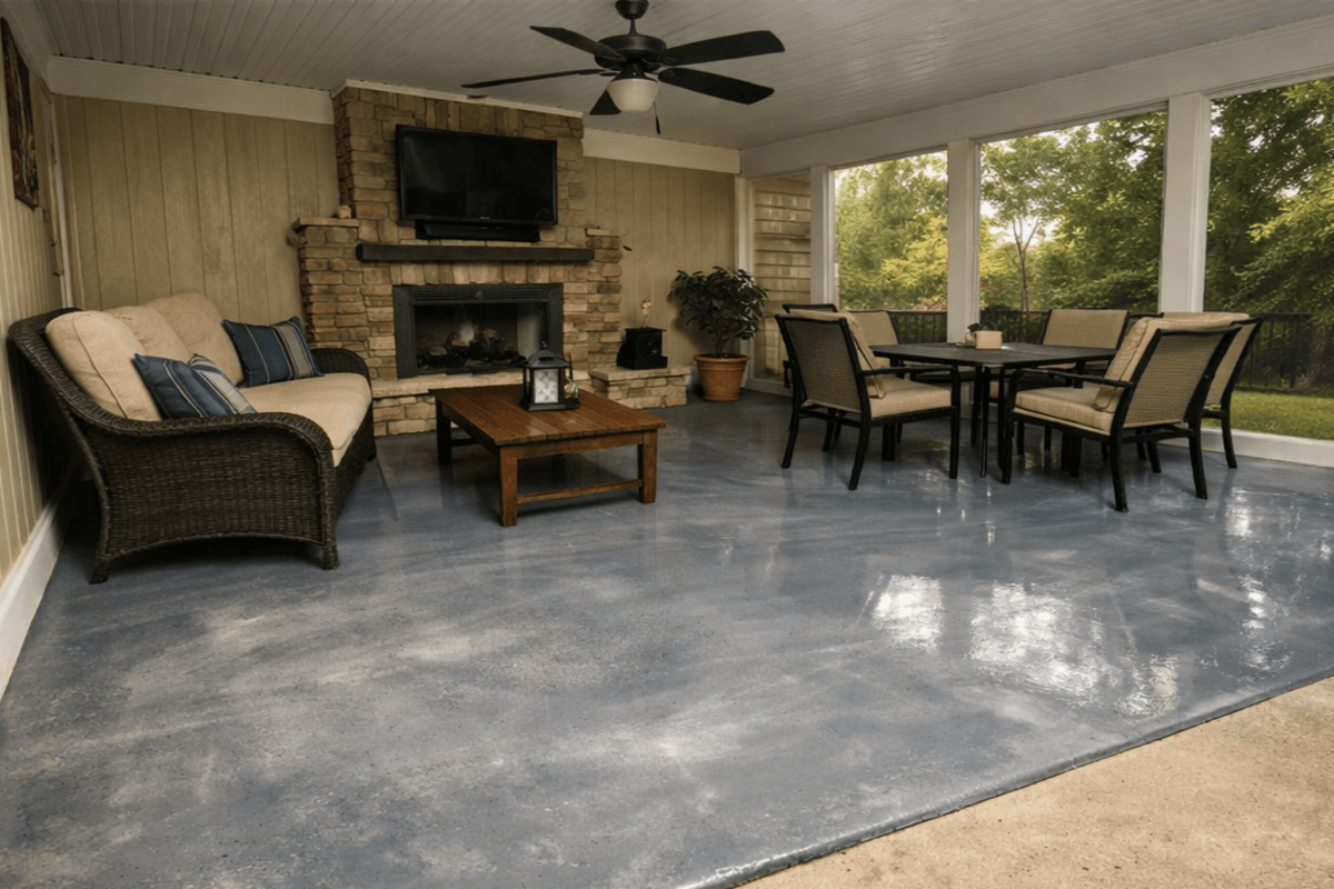 Animated covered back porch before-and-after coating transformation