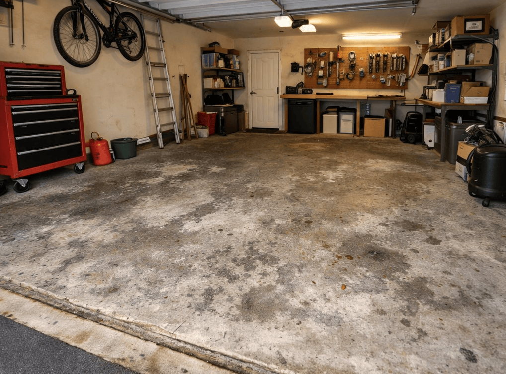 Animated garage floor before-and-after transformation from stained concrete to a bright epoxy finish