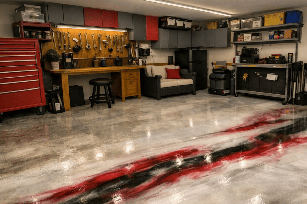 Animated garage workbench area before-and-after coating transformation