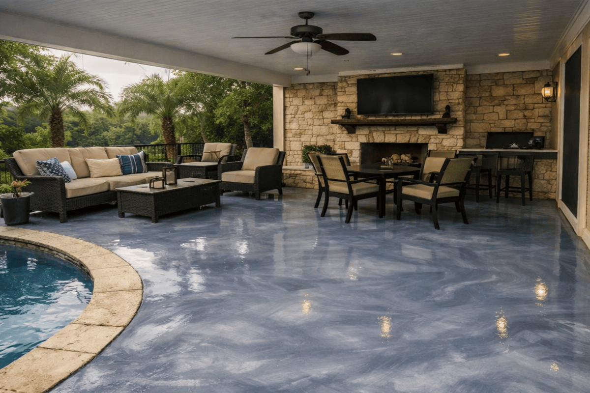 Animated pool lounge area before-and-after coating transformation