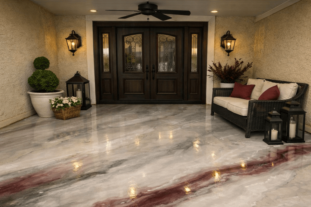 Animated front porch before-and-after coating transformation