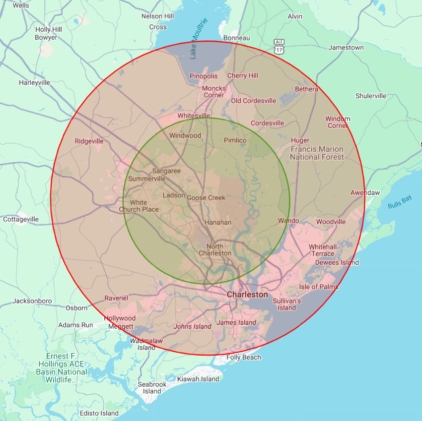 Static map of Charleston-area service zones centered on ZIP 29445 in Goose Creek